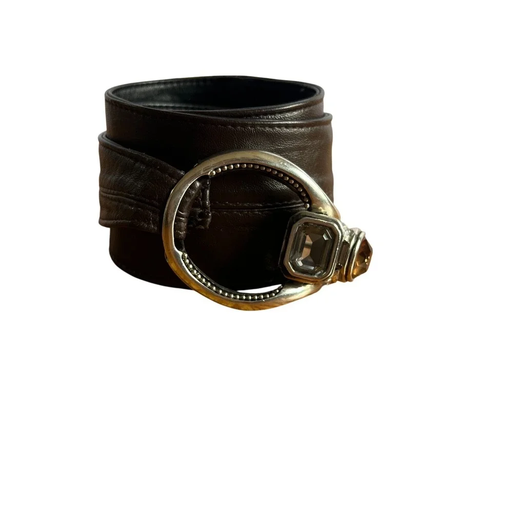 Y2K Wide Brown Leather Belt Silver Gem‎ Buckle Western Glam Statement M/L 39